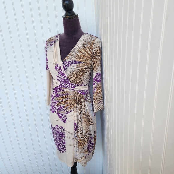 Boston Proper Dress Paisley Leopard Floral Purple Tan Stretch Faux Wrap Zip 6 - Picture 2 of 15
